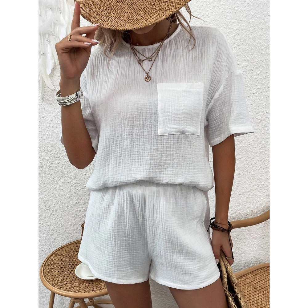 2 piece set: textured Pocket Patched Split Hem Top Shorts coords green - Picture 9 of 11